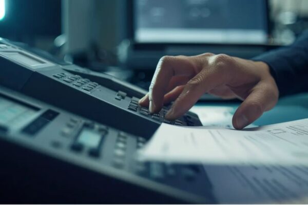 The Benefits of Using a Top Fax API Solution for Business Communication A person utilizing the top fax API using a fax machine inside an office.