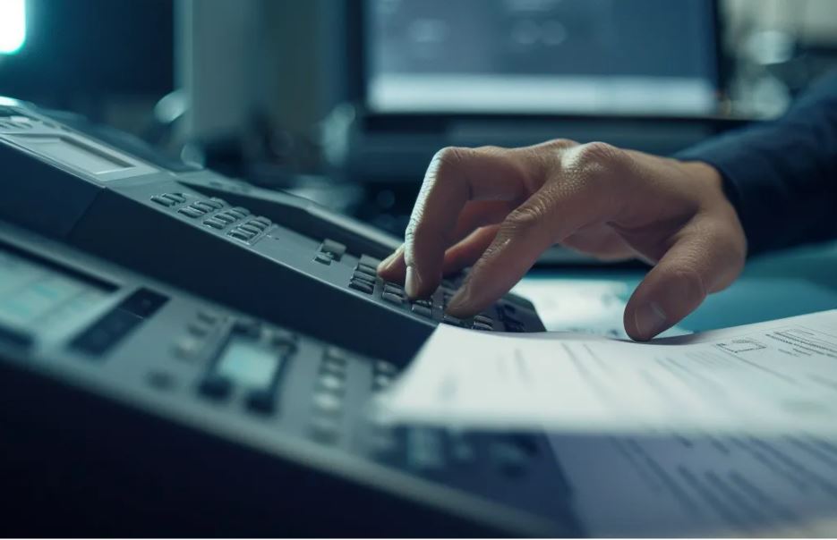 A person utilizing the top fax API using a fax machine inside an office.